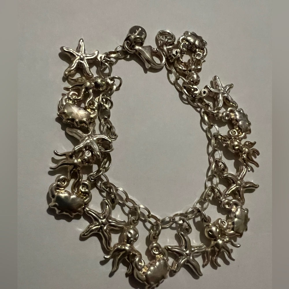 Dyadema 925 Italy Sterling Silver Charm Bracelet Crabs Starfish Jellyfish 7”
